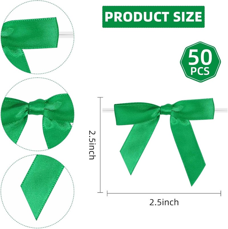Sokfone Green Ribbon Bow Decor 2.5" Premade Twist Tie Bows for Crafts Mini Bows for Gift Wrapping, Christmas, Wedding Decor, DIY Party Favors & Baking Embellishments - 50 Counts - Image 3